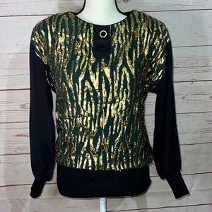 Vintage 80’s Act I New York DISCOCORE crepe gold black blouse shoulder pads